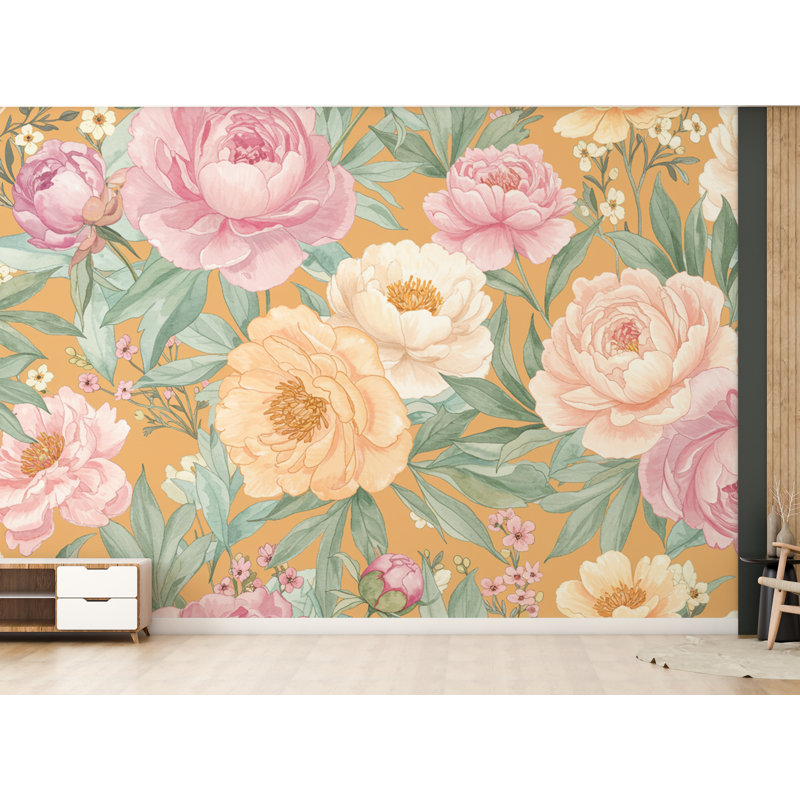Murale de pivoines pastel - aquarelle peinte à la main au printemps, art mural pleine floraison florale pour décor de chambre à coucher 739RS (Peel-N-Stick) RS739
