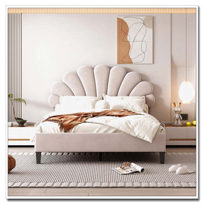 Lit plateforme tapissier avec tête de lit en velours à motif floral