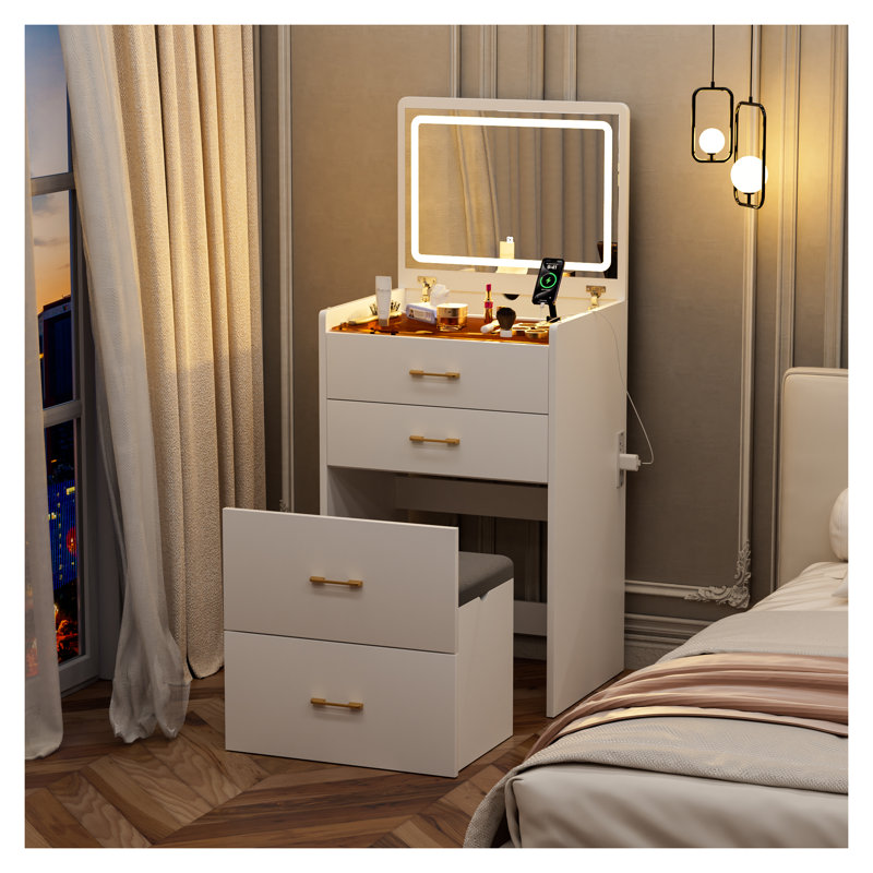Bureau de coiffeuse 3 en 1 avec miroir ouvert, ensemble de coiffeuse en verre avec station de charge, 3 tiroirs et tabouret rembourré - Coiffeuse compacte pour l'organisation de la chambre à coucher