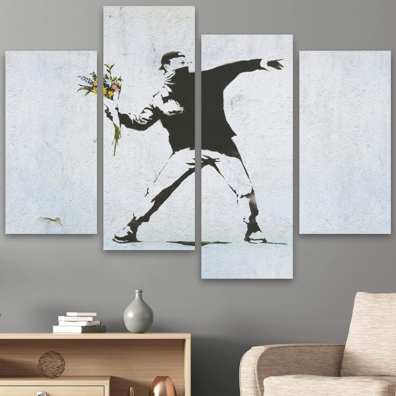 Pop Urban Street Banksy, le lanceur de fleurs, graffiti, 4 pièces