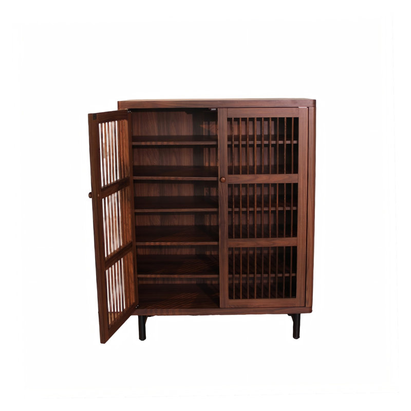 Armoire à chaussures moderne en noyer avec portes à persiennes respirantes, rangement à 6 niveaux avec tablettes réglables