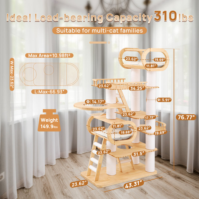 76.7 H  Large Solid Wood Cat Tree Multi-Level Tall Cat Tower Cat Tree for Indoor Cats Large Adult