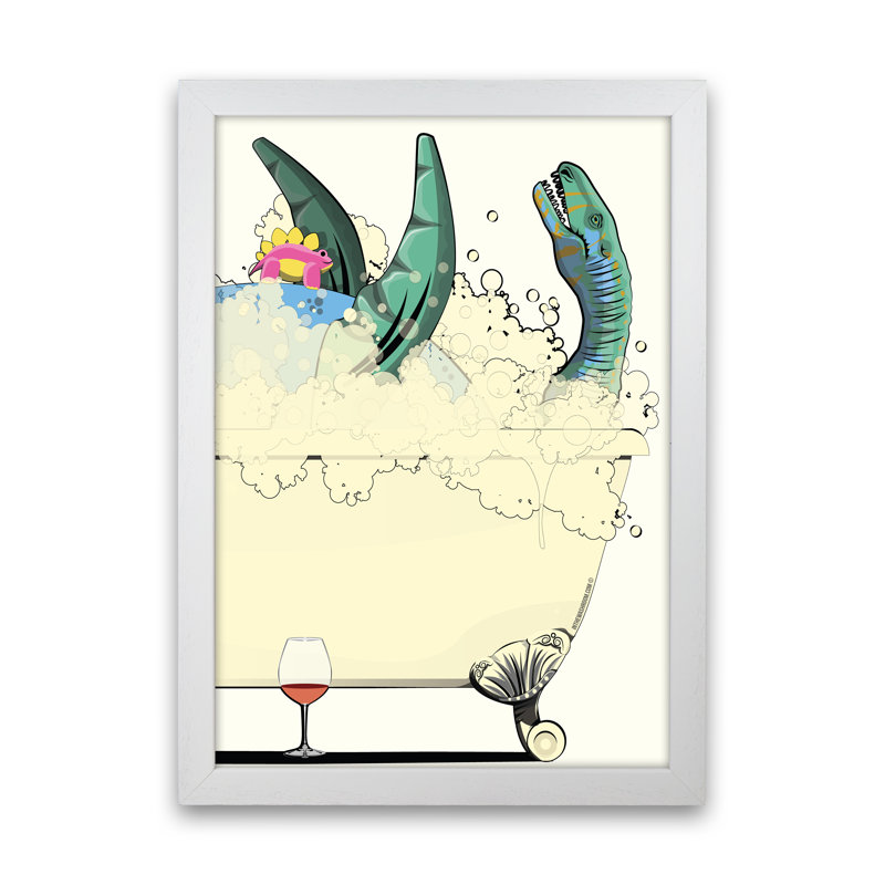 'Swimming Dino' - Graphic Art Print on Paper, 84cm H x 60cm W x 3cm D, White Framed
