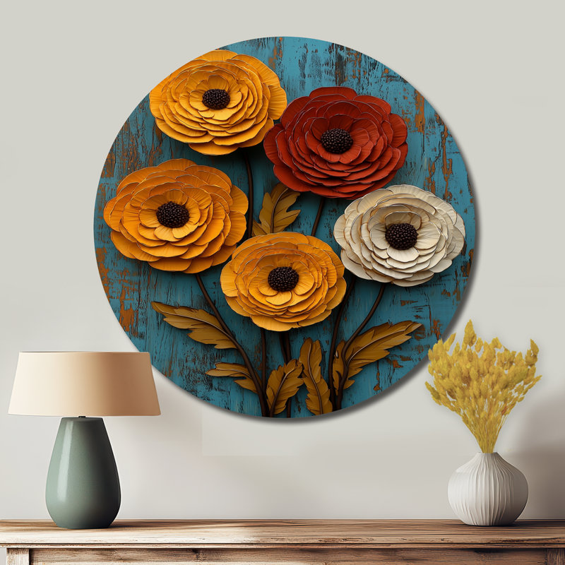 Automne fleurs de renoncule à la grange - art mural rond en métal Renoncule pour le salon, H 36 po x l 36 po