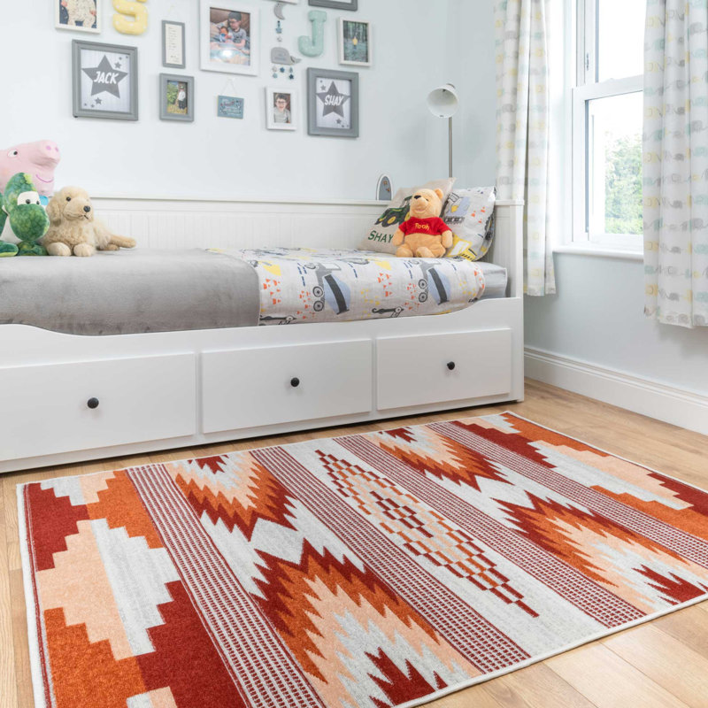 Orange Red Aztec Power Loom Area Rug, Rectangle 120 x 170cm