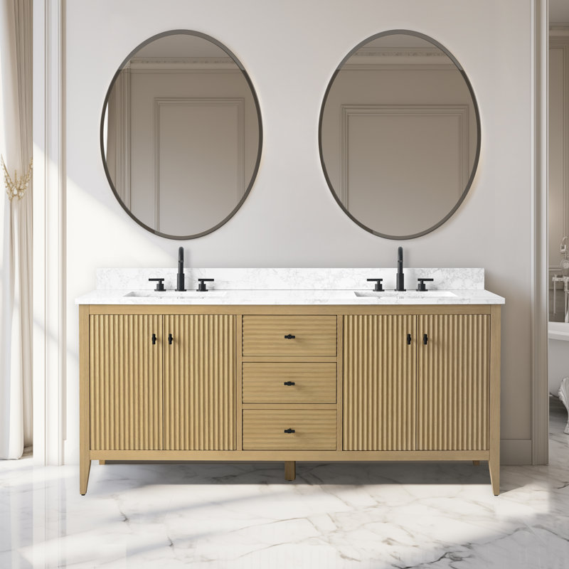 Ensemble de meuble-lavabo autoportant à double cuve 72 po avec plateau en marbre Lavallon, Chêne linéaire linéaire, Noir mat
