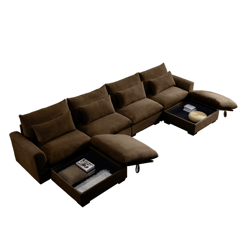 Canapé modulaire en U brun en velours côtelé, canapé 4 places avec 2 tabourets de rangement et 4 coussins de taille