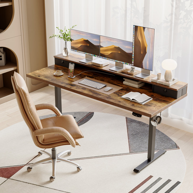 Bureau debout électrique à hauteur réglable de 63 po avec tiroirs, bureau à domicile avec grande tablette pour moniteur