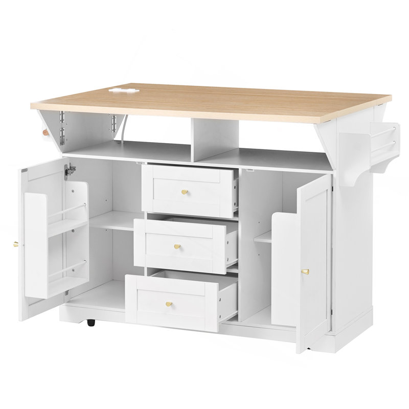 Chariot d'îlot de cuisine multifonctionnel extensible avec prise standard américaine, 47 * 18 * 36 pouces, armoire de cuisine mobile à 5 roues, plateau supérieur de 1 pouce avec manuel clair et vidéo d'installation