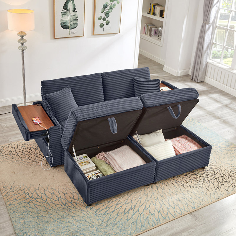 Canapé confortable moelleux en velours côtelé, espace de rangement pour grande causeuse, méridienne moelleuse avec repose-pieds double et table de bout