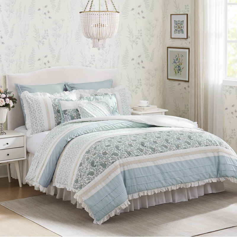 Ensemble d'édredon en percale de coton 9 pièces Dawn, Grand édredon et 8 pièces supplémentaires, Turquoise
