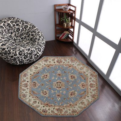 Tapis écologiques en laine touffetée à la main Costantino - octogone, bleu blanc, design oriental, tapis antidérapants faits à la main épais pour salon, chambre à coucher