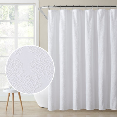 White Shower Curtain, Geometric Textured 3D Embossed, Solid White Fabric Shower Curtain, 72 x 72 inch