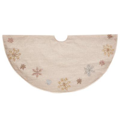 Handmade Christmas Tree Skirt in Natural Linen - Pastel Snowflakes - 60"