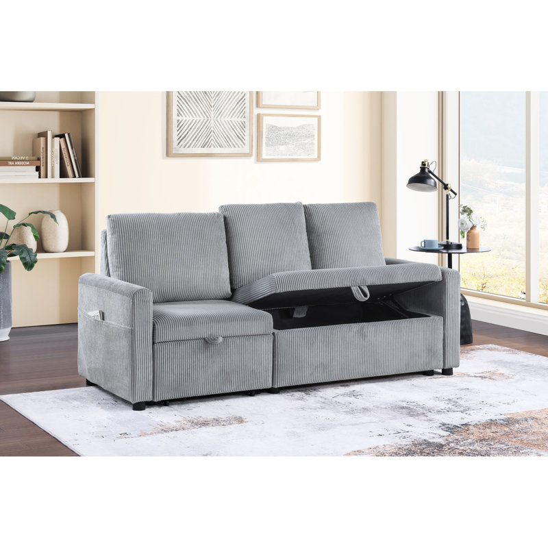 Méridienne coulissante de 70 po avec rangement, velours côtelé gris, poche latérale pour plus de commodité, velours côtelé, pochette de rangement, grand compartiment