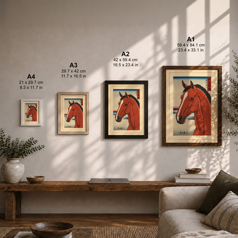 Dignified Horse Portrait Japandi - Framed Print, Oak, A3 - 42.0 x 29.7 cm