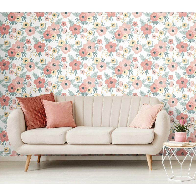 POPPY FLORAL Peel & Stick Floral Roll, White/Pink