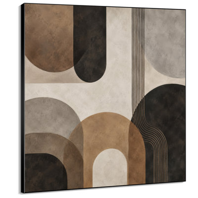 Impression sur tissu grand format - Motif géométrique abstrait rétro en forme d'arche, brun, noir et beige, pour salon ou chambre - « Assemblage du cadre requis (cadre non fini) »