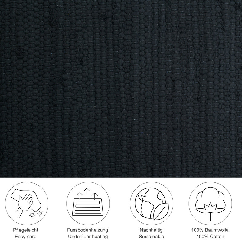 Coll Handwoven Cotton Black Rug, Rectangle 160 x 230cm