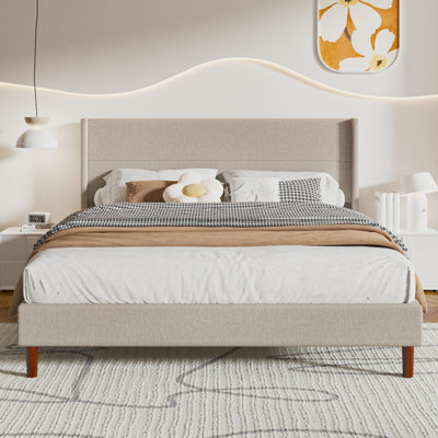 King Size Bed Frame, Linen Upholstered Platform with Wingback Headboard, Wooden Slats Support, No Box Spring Needed, Easy Assembly, Beige