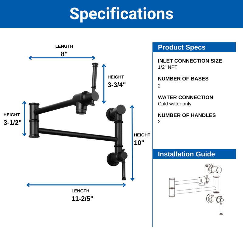 Wall Mounted Brass Two Handles Pot Filler Faucet, Matte Black