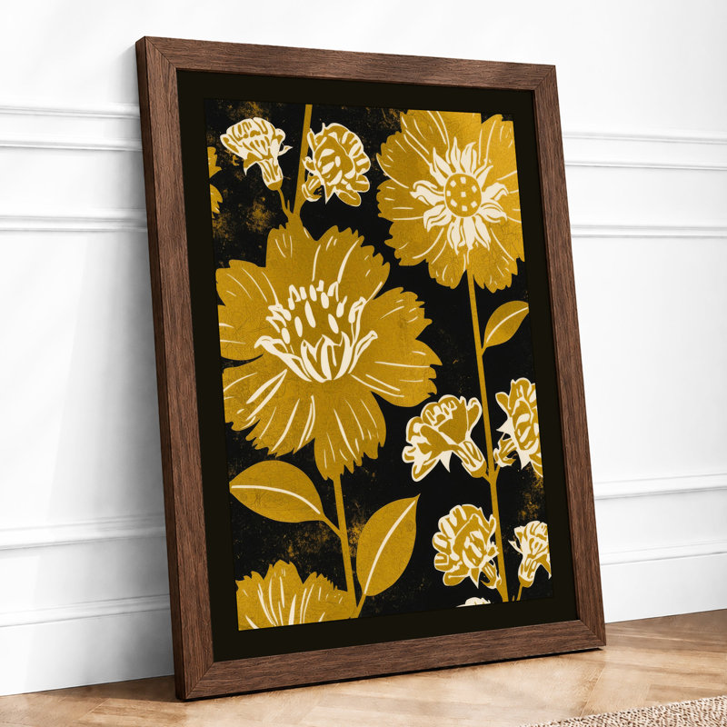 Golden Floral Pattern Botanical - Framed Print, A4 - 29.7 x 21.0 cm, Walnut