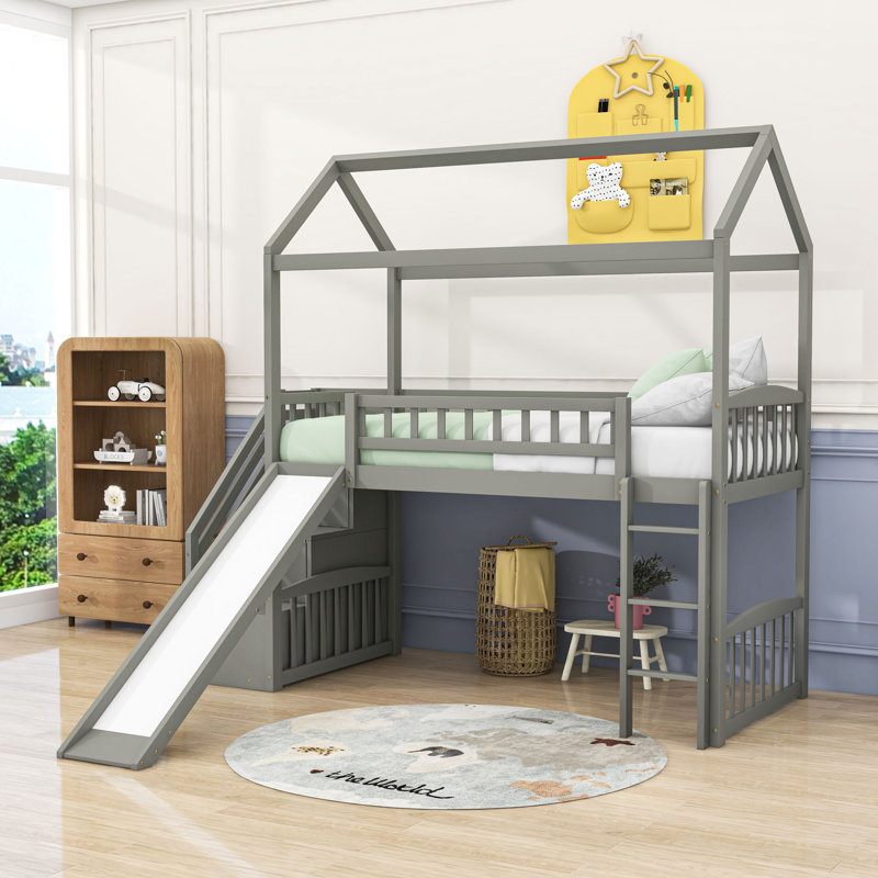 Lit mezzanine simple avec glissade, marches de rangement et échelle, Gris