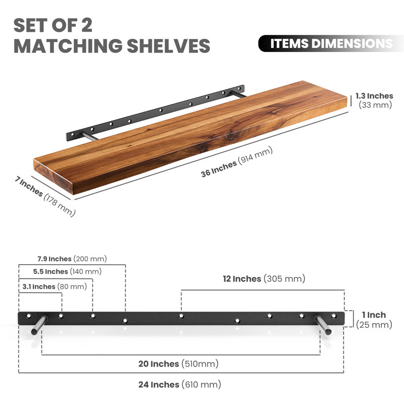 Ensemble de 2 tablettes flottantes en bois d'acacia de 36 po avec supports métalliques cachés, fixation murale incluse