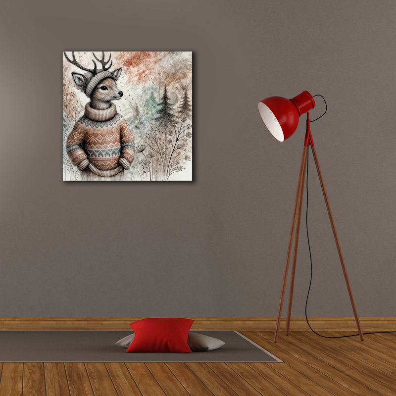  «Deer In Cozy Sweater» par Rey Klimt, art mural sur toile, 18 po x 18 po, H 26 po x l 26 po x P 1,5 po