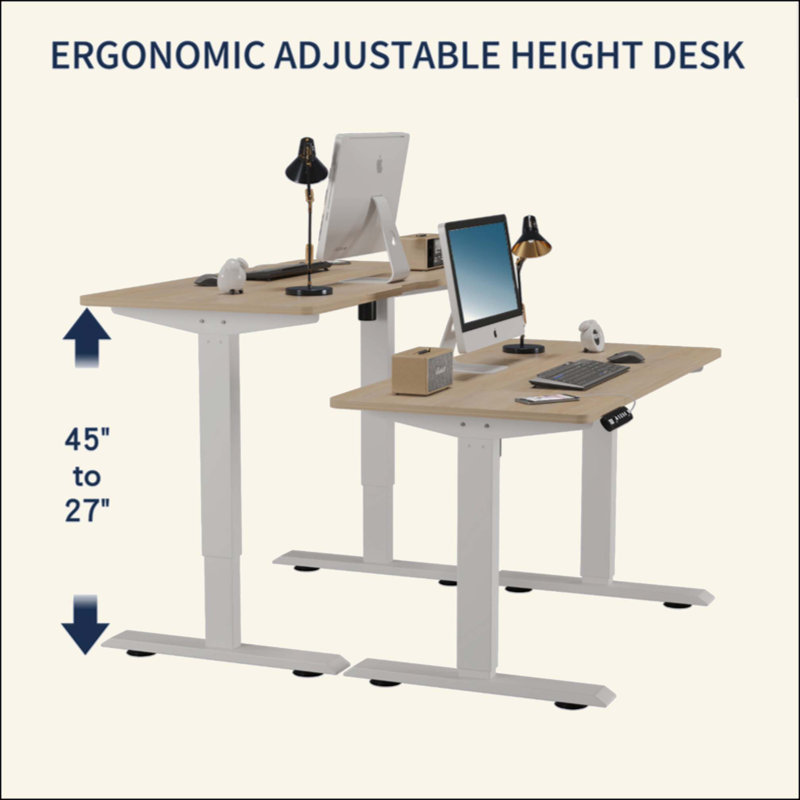 Bureau électrique à hauteur réglable pour la maison et le bureau, H 27 po x l 47,2 po x P 24 po, Naturel, Blanc