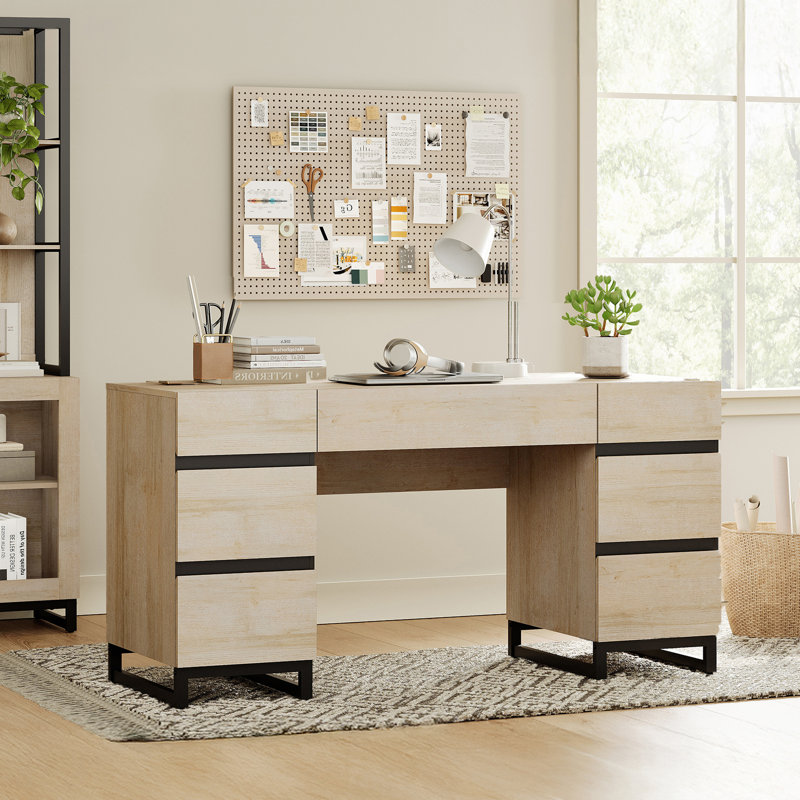  Home Office Set: 59" Modern Desk With Charging Station And Storage Cabinet,Three 72" Tall Bookcases With Adjustable Shelves, Wood Computer Desk And Library Storage Cabinet For Work Study