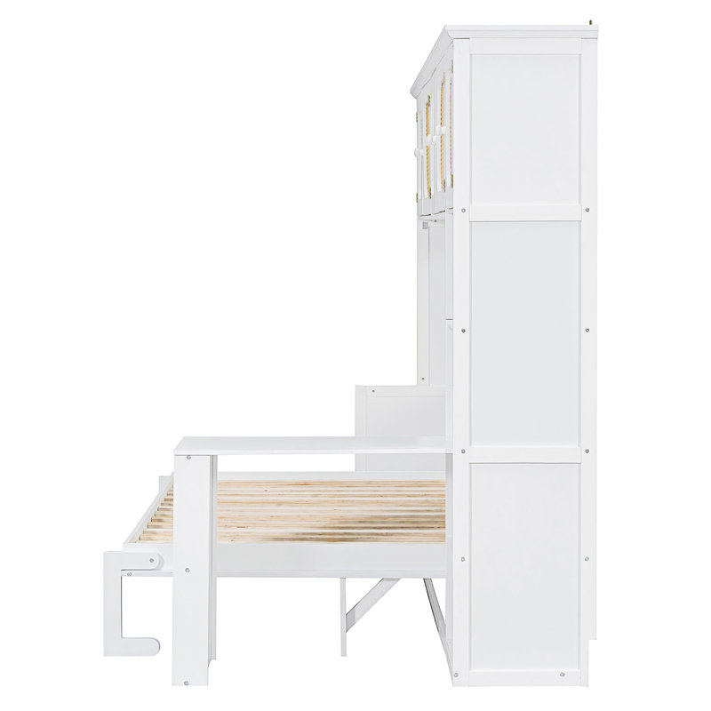 Lit escamotable mural avec bureau et armoires, Blanc