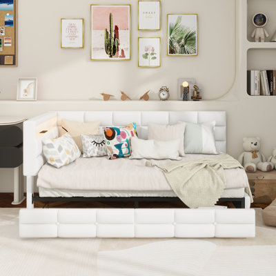 Lit de jour rembourré simple avec rangement 2 tiroirs et station de charge, structure de lit de jour avec lumières DEL et tête de lit, aucun sommier nécessaire, beige