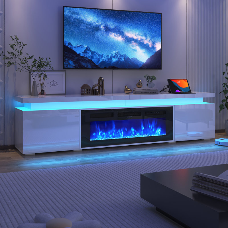 71" LED TV Stand With 40" Fireplace For Tvs Up To 80", Charging Station/Power Outlet Included, White