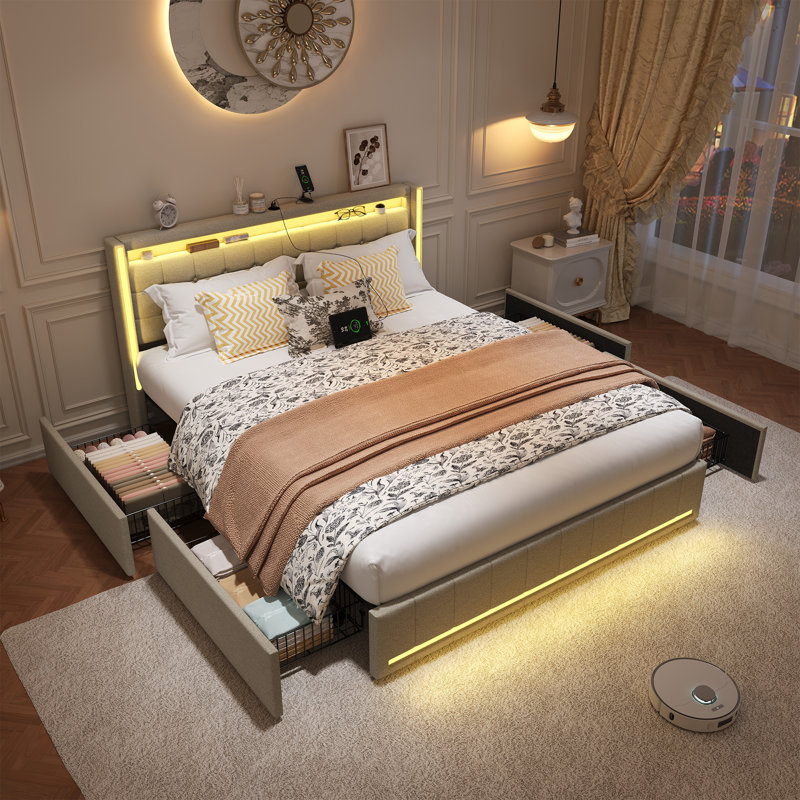 Estella Linen Upholstered Bed With LED Lighting And 4 Storage Drawers, European Double (140 x 200 cm), Beige