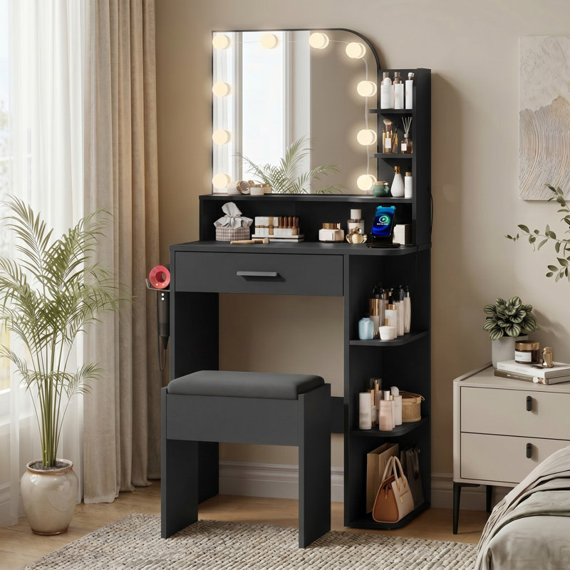 Jaseria Makeup Vanity Set with LED Lighted Mirror & Power Outlet for Bedroom, Black