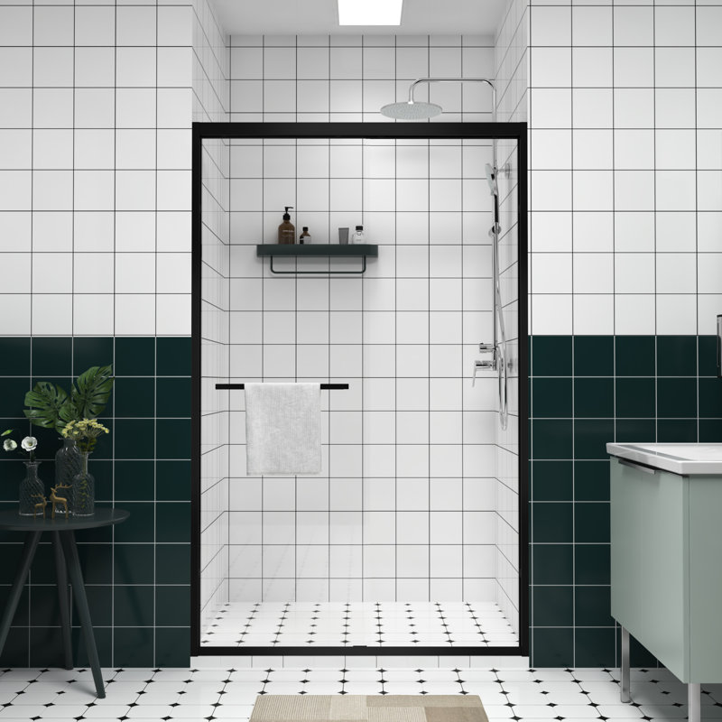 76" High Double Sliding Shower Door With Handle For Towel Hanging, Black Aluminum Frame, Easy Installation Steps Guide