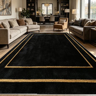 1PC Black and Gold Double Bordered Contemporary area rugs for Living Room, Soft and Comfortable, Suitable for all seasons, easy-to-maintain, machine washable Indoor floor mat, Under Table Farmhouse suitable for dining room, bedroom, home office,