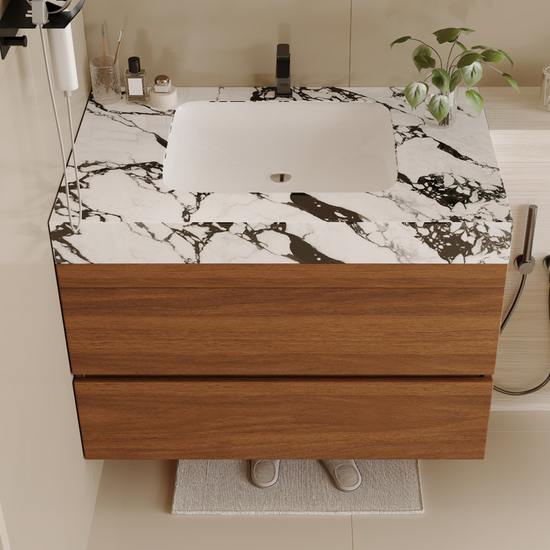 Meuble-lavabo de salle de bain moderne à faible encombrement, meuble-lavabo mural en bois multi-couches robuste, meuble-lavabo intelligent avec drain réglable et robinet à un trou compatible - noyer, blanc et noir