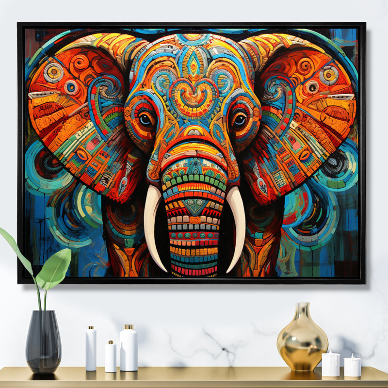 Éléphant Tribal Majesty - Éléphant, art mural, H 12 po x l 20 po x P 1 po, Cadre flottant noir