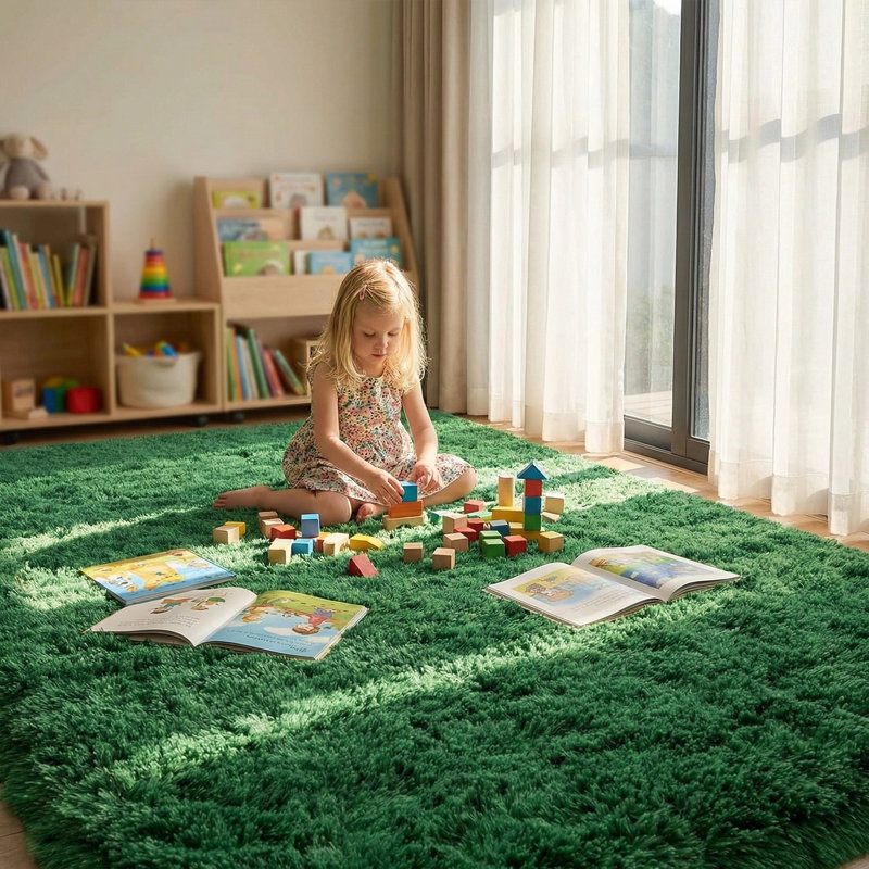 Tapis moelleux moelleux vert moelleux pour chambre à coucher, Rectangle 96 po x 60 po