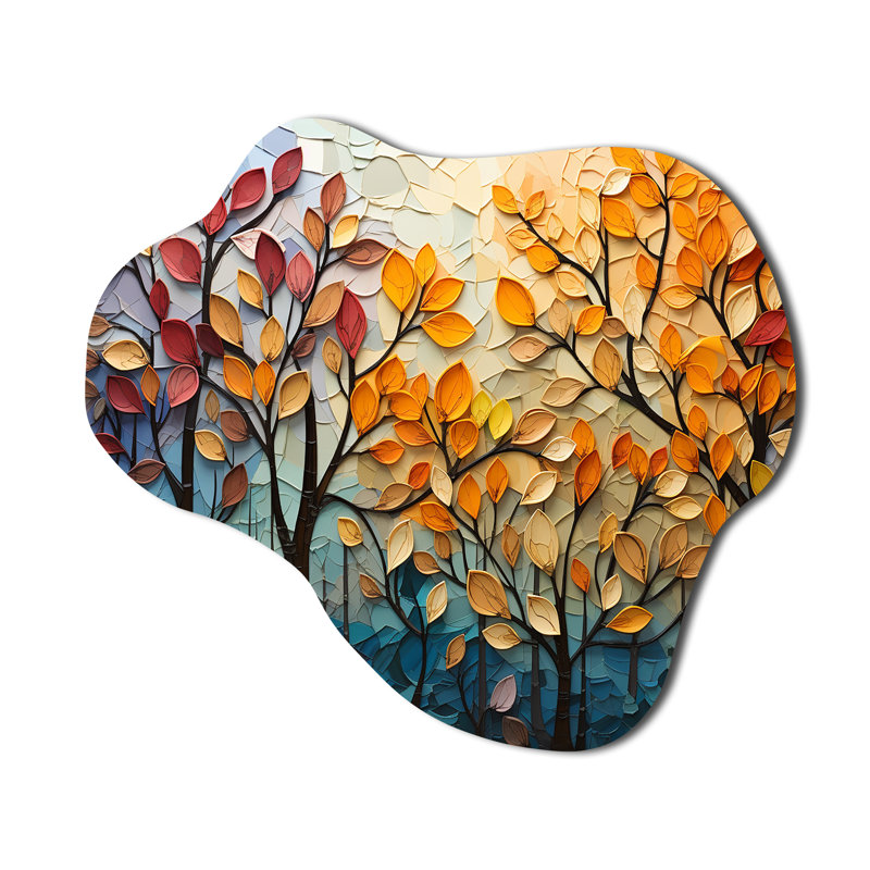 «Leaves Autumnal Symphony Patchwork I - Cloud Leaves», reproduction d'art murale en métal asymétrique