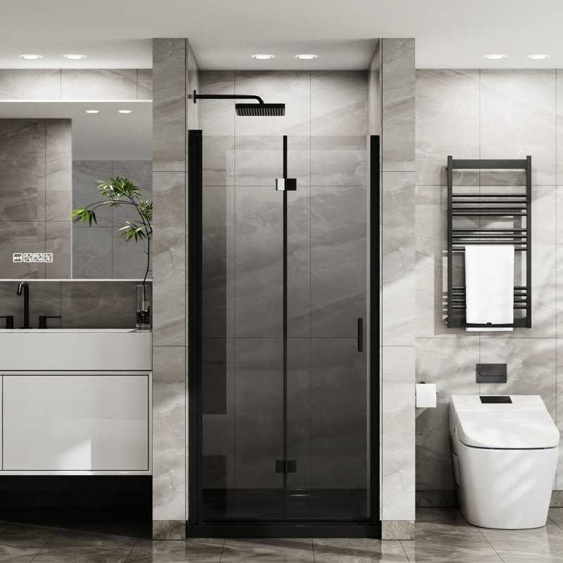 Black Shower Door - 1/4" Tempered Glass 34"X 72" Foldable 180 Pivot System Hardware 34" Wide Tall Swing Corrosion Water Leakage Avoidance