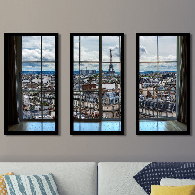 Ensemble de 8 photos de cadre de fenêtre Paris Rooftops - 8 pièces, H 33,5 po x l 52,5 po x p 1 po