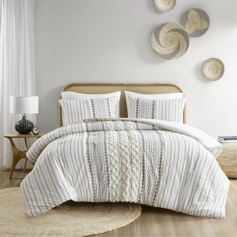 Ensemble d'édredon en coton avec chenille, Ivoire ivoire, Très grand édredon + 2 taies décoratives 