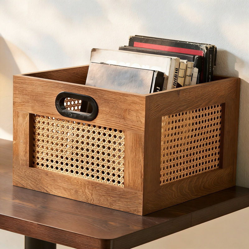 Rattan Vinyl Record Storage Crate with Handle, Holds 75 LPs, Brown