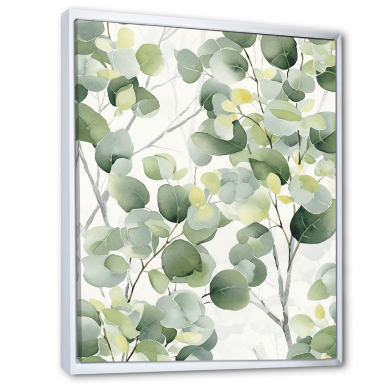 «White Green Minimalisme Eucalyptus Essence IV» sur toile, Cadre flottant blanc, H 32 po x l 24 po x P 1,5 po