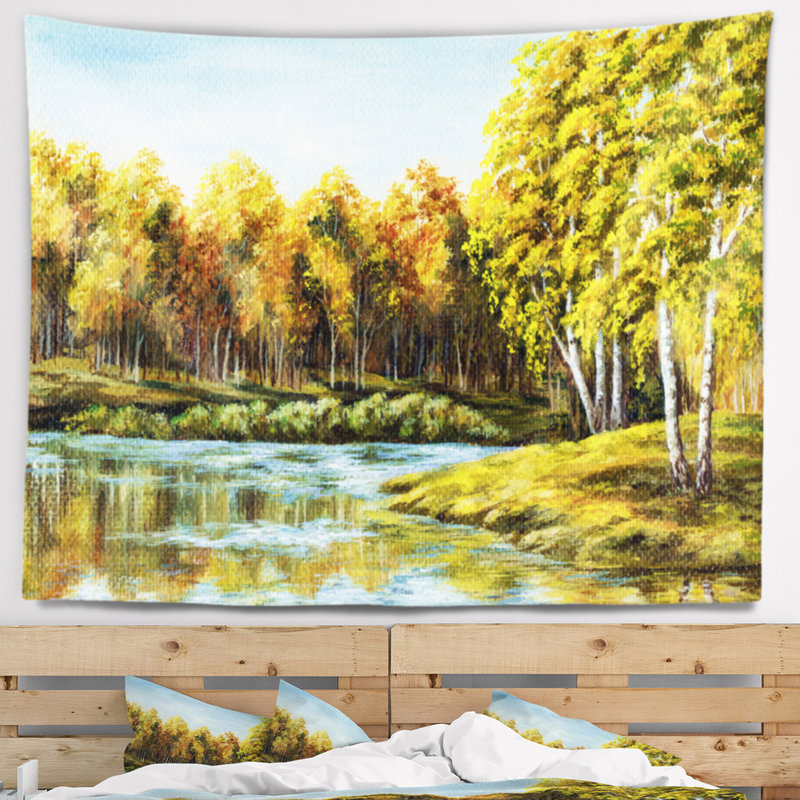 Tapisserie de paysage vert automne lac, H 32 po x l 39 po