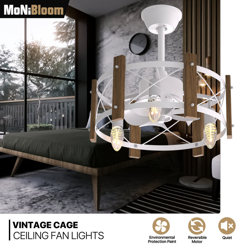 White and Brown Rustic Low Profile Ceiling Fan with LED Light