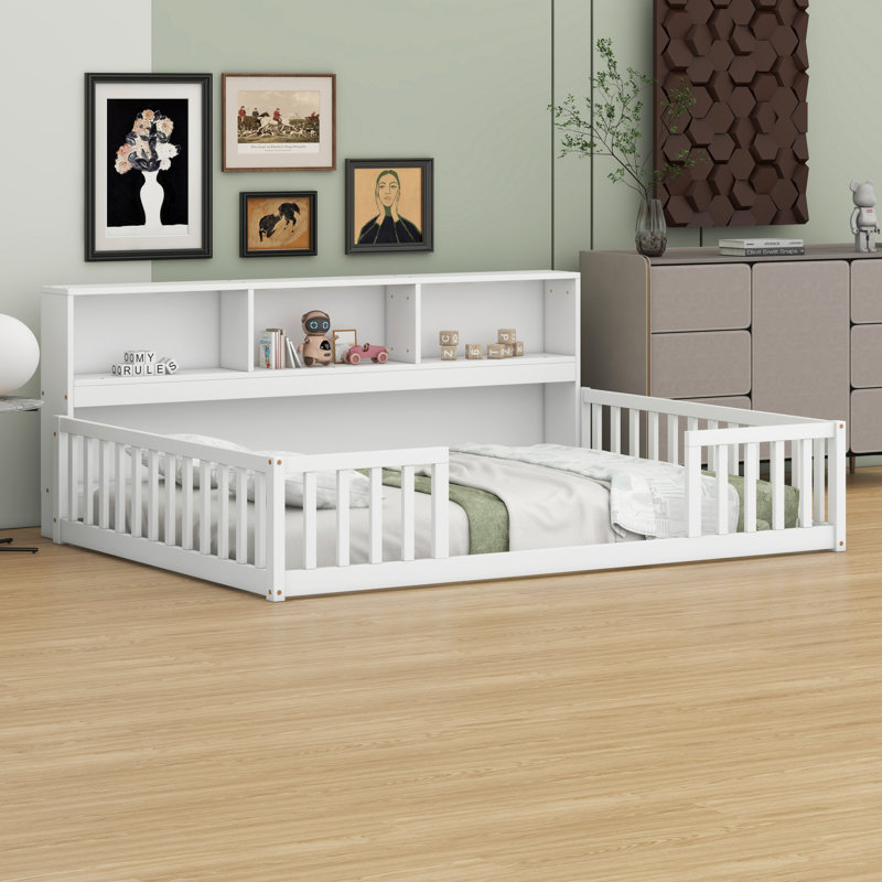 Floor Bed With Side Bookcase,Shelves,Guardrails, White